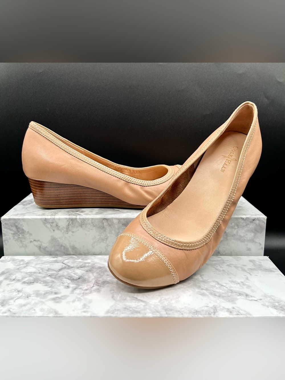 COLE HAAN Elsie Cap Toe Wedge Beige Leather. 8.5 B